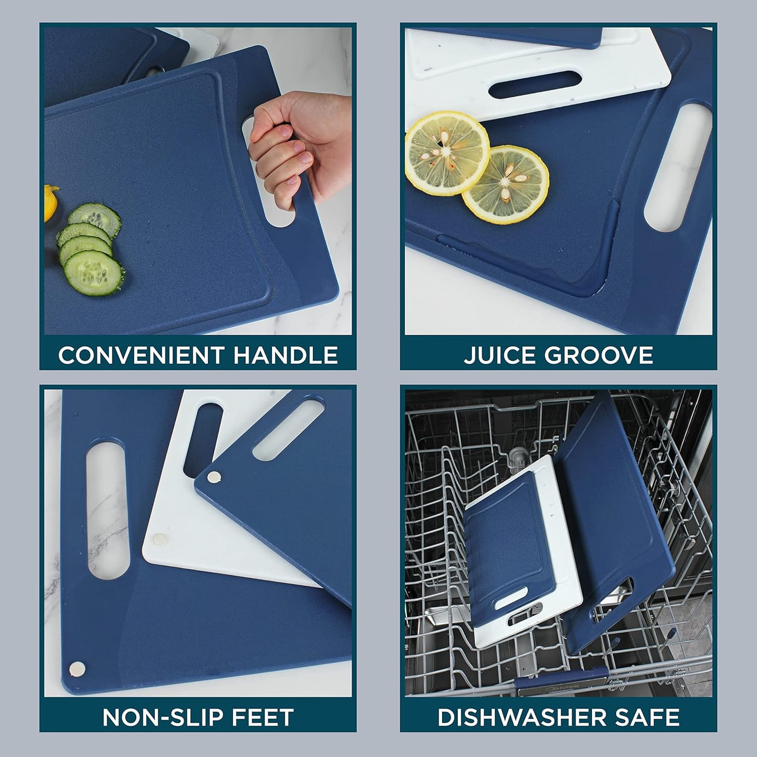 COOK WITH COLOR 3-Piece Cutting Board Set, Non-slip Chopping Board Kitchen Utensils Set Home Essentials, Blue White