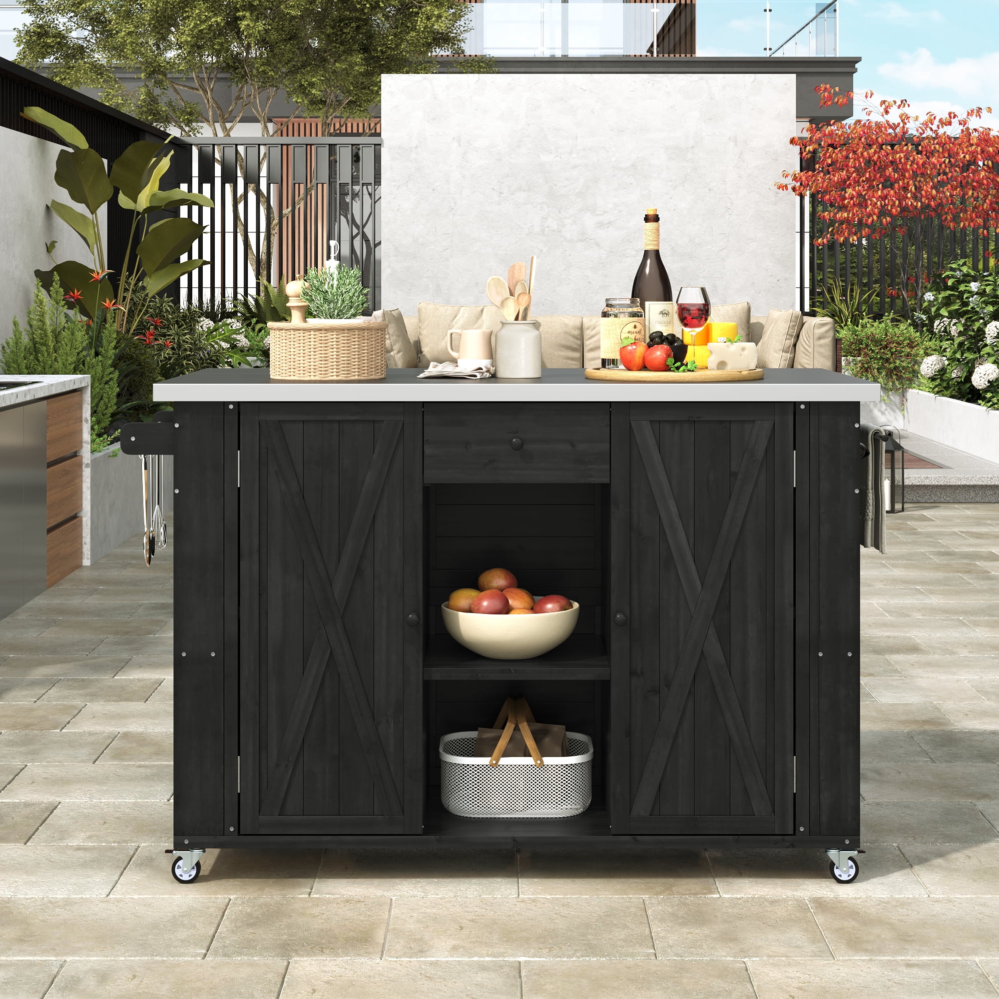 Euroco Outdoor Rolling Kitchen Island with Storage Shelves, Spice Racks, Towel Bars & Bottle, Foldable Stainless Steel Top, Solid Fir Wood Frame
