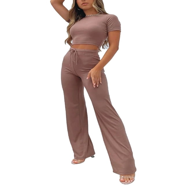 Women‘s High Waist Drawstring Knitted Loose Fitting Wide Leg Pant Solid Color Casual Trousers
