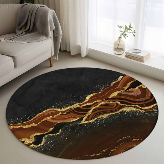 Brown Marble Round Area Rug 3 FT, Small Kitchen Bathroom Mat, Gold Abstract Vintage Modern Ombre Art Washable Indoor Outdoor Throw Runner Carpet Non-Shedding Doormat for Table Shower Sofa Entryway