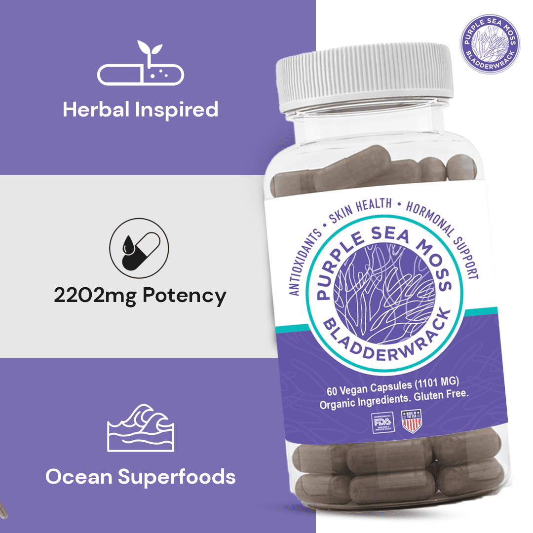 Purple Seamoss + Bladderwrack Seaweed Capsules - 2202mg Complete Nutrient Profile, Wildcrafted & Wildharvested, Made in the USA, Rich in Minerals, 60 ct