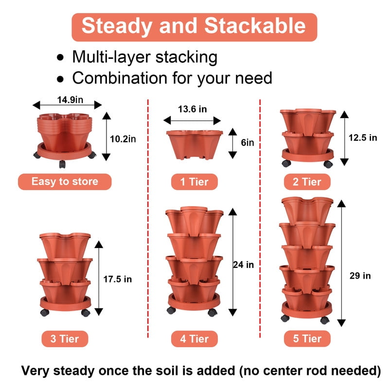DUNCHATY 5 Tier Stackable Growing System for Strawberries and Herbs, High-Capacity Vertical Planter Tower, Outdoor Raised Garden Bed Alternative with Drainage Holes (Red)