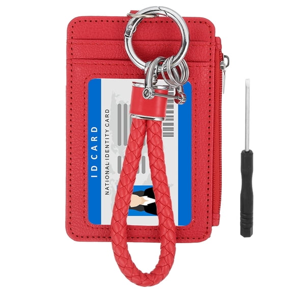 4.7 x 3.2 x 0.2" Slim PU Leather Card Holder Wallet, 1 Set Small Front Pocket Credit Card Case Zipper Coin Wallets with ID Window & Braided Keychain for Women Men, Red