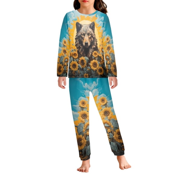 DISNIMO Wolf Sunflower Pajamas for Kids Boys 3-4 Pajamas for Kids 2 Piece Pajama Set Girls Long Sleeve Pajama Set for Boys Loungewear Set for Kids Pjs Boys Sleepwear With Pockets Kids