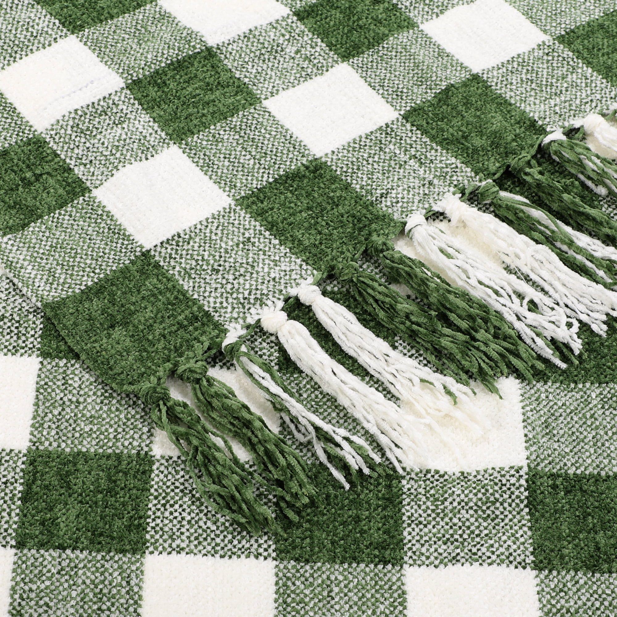 Unique Bargains Chenille Throw Blankets Soft Plaid Fern Green and White, Throw
