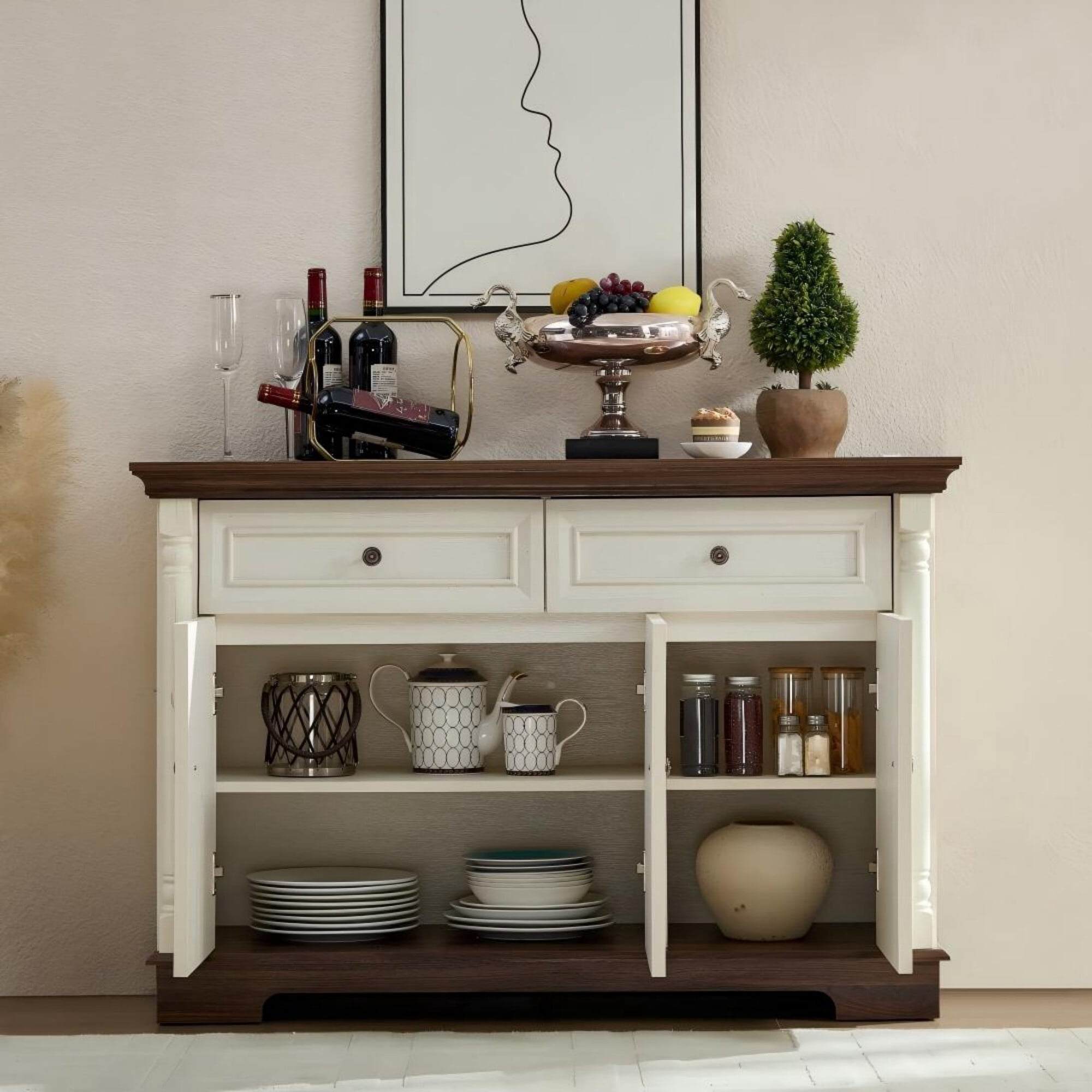 AENKYO Farmhouse Buffet Cabinet with Storage and Charging Station, Rustic Sideboard for Dining or Living Room, Antique White