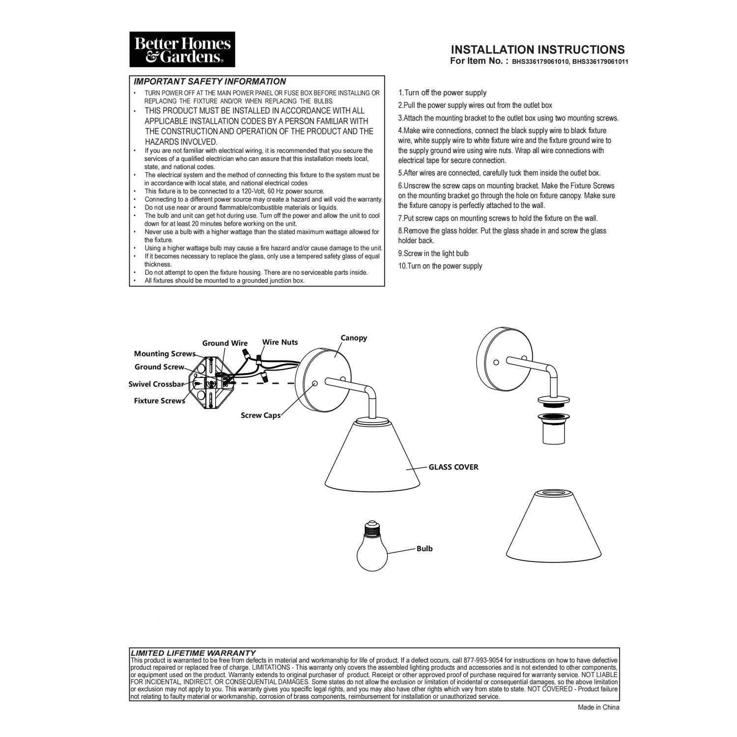 Better Homes & Gardens Clear Glass Wall Light Black, 1 A19 Bulb Included