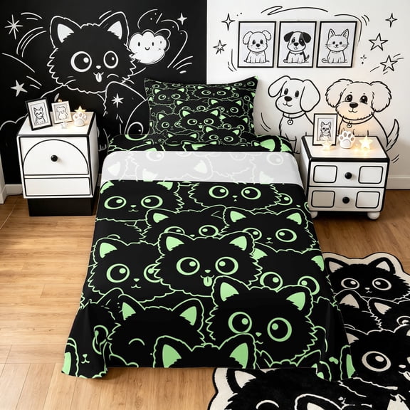 Manfei Cute Simple Cat Twin Sheets, Cartoon Kitten Bedding, Black Green, 3 Pieces, 1 Flat Sheet, 1 Fitted Sheet and 1 Pillowcase