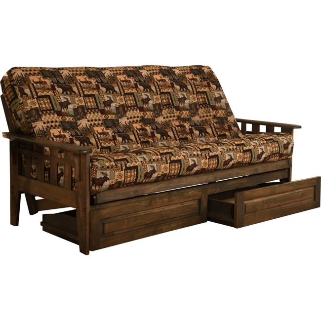 Tucson Rustic Walnut Futon Frame with Peters Cabin Mattress & Storage