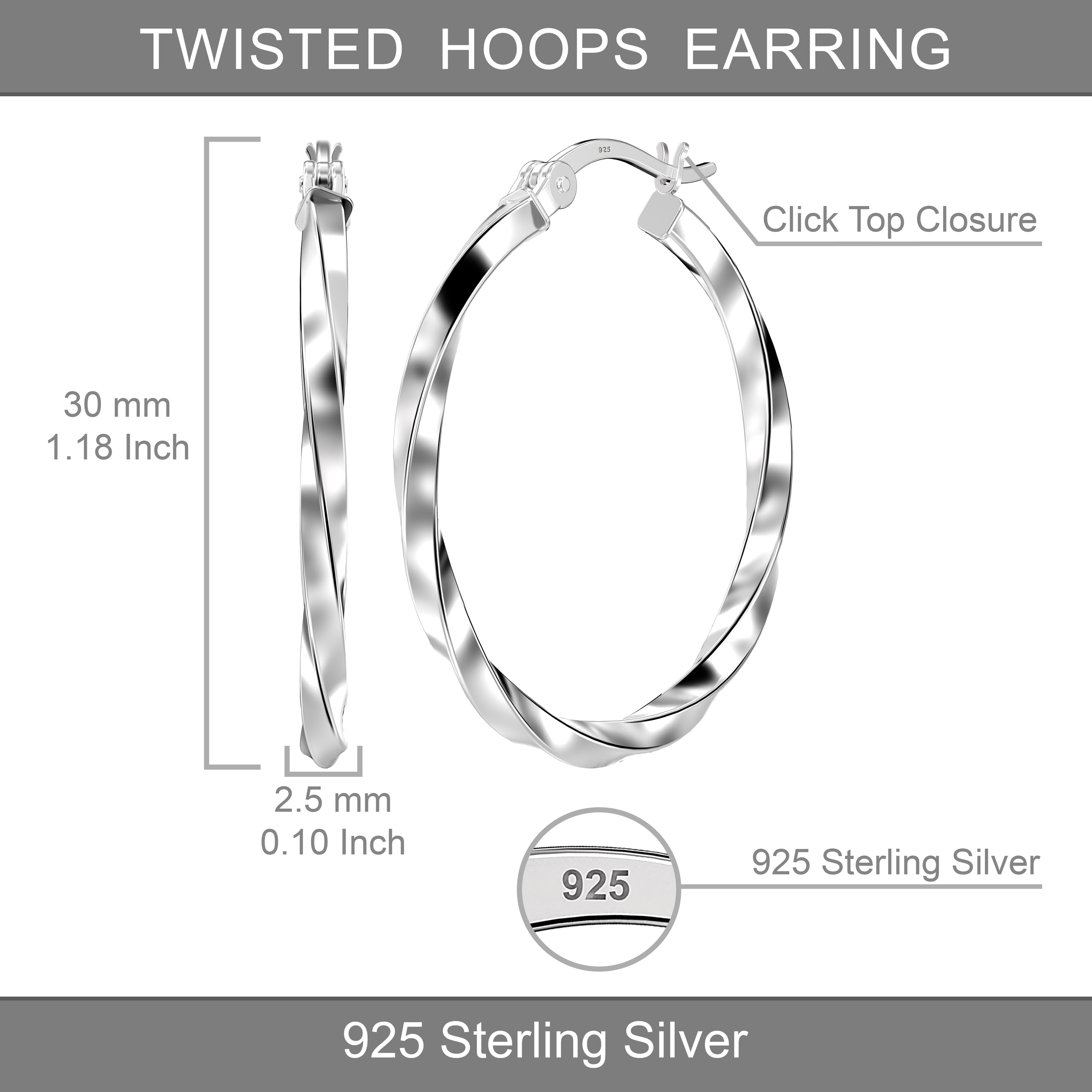 LeCalla Sterling Silver Hoop Earrings, Anti-Tarnish, 925 Silver, 30MM, with Authentication Certificate
