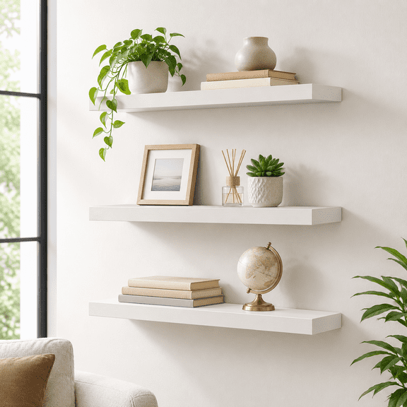 White 16 Inch-3 shelves Solid Wood Floating Wall Shelves for Bathroom Bedroom Kitchen