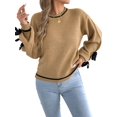 thumbnail image 2 of Women Knit Crew Neck Contrast Lantern Long Sleeve Pullover Sweater with Decorative Cuff Straps Khaki XL, 2 of 9