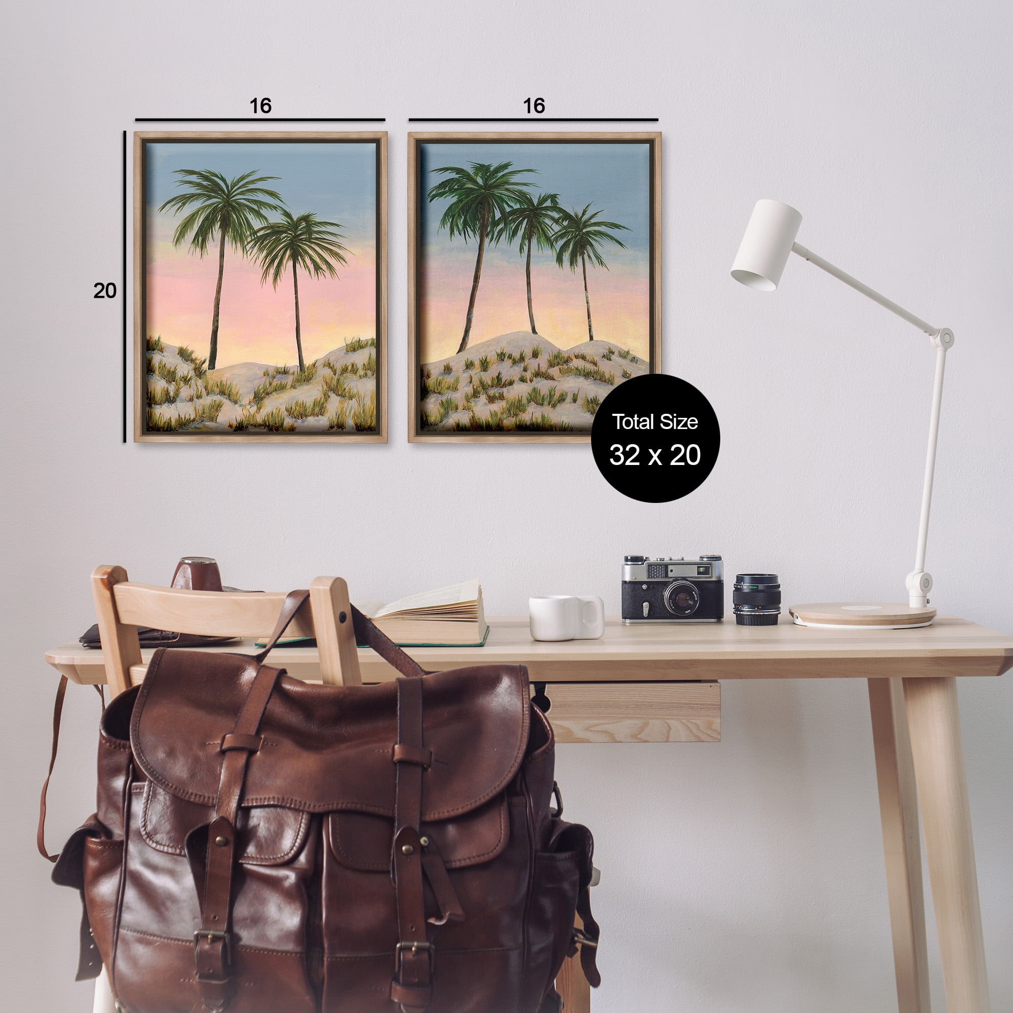 Stupell Industries Sunrise Tropical Scene Landscape Painting Brown Floater Framed Canvas Art Print Wall Art, 17 x 21, Set of 2