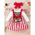 thumbnail image 3 of Musuos Baby Girl 3 Piece Set, 3 6 12 18M Long Sleeve Romper + Bear Embroidery Striped Suspender Skirt + Red Bow Headband Outfits, 3 of 10