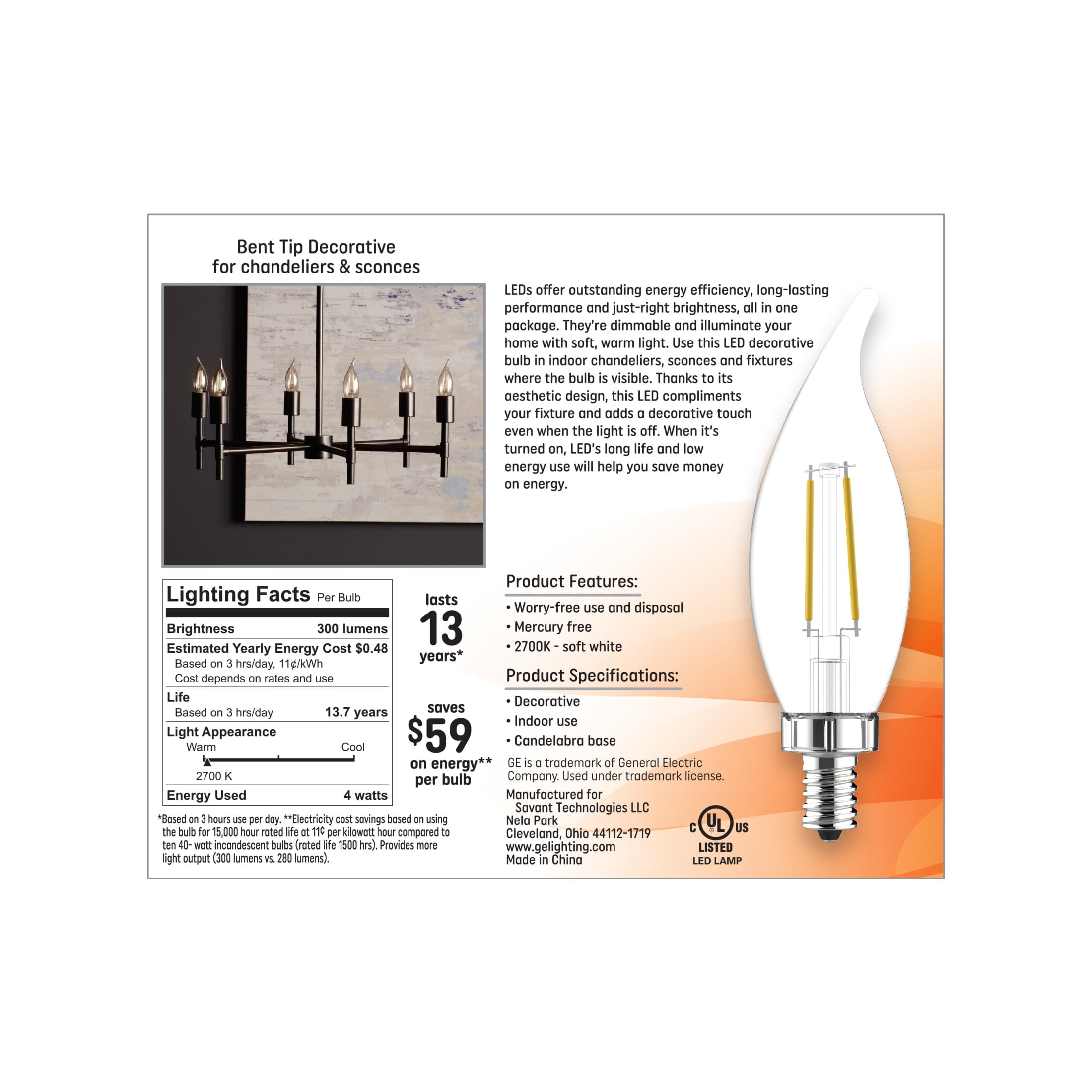 (2 pack) GE 40 Watt LED Light Bulbs, Soft White CA11 Candle Shape, 4 Pack