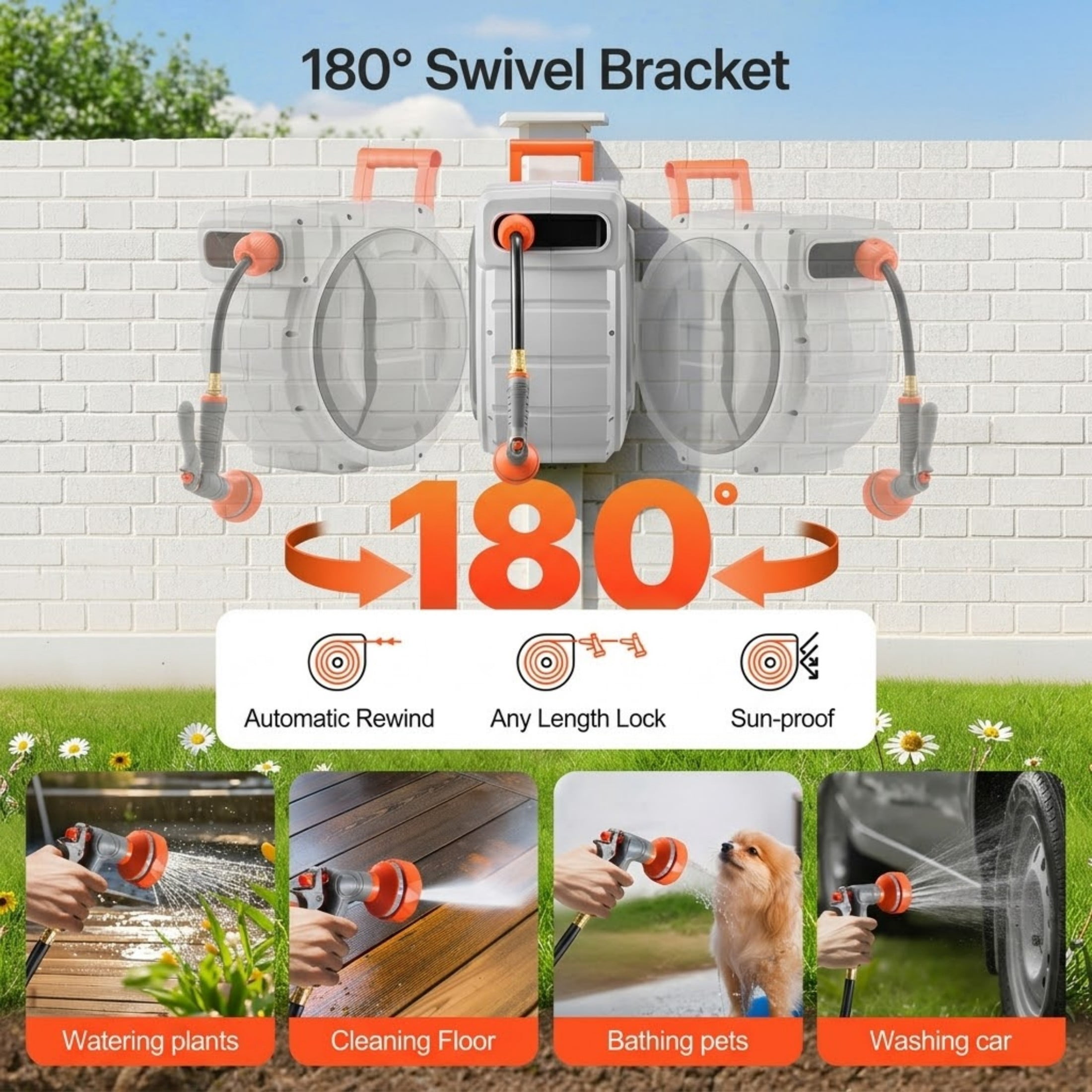 Wall Mounted Retractable Hose Reel with 180° Swivel, 65ft x 1/2" Hose and 9-Pattern Nozzle