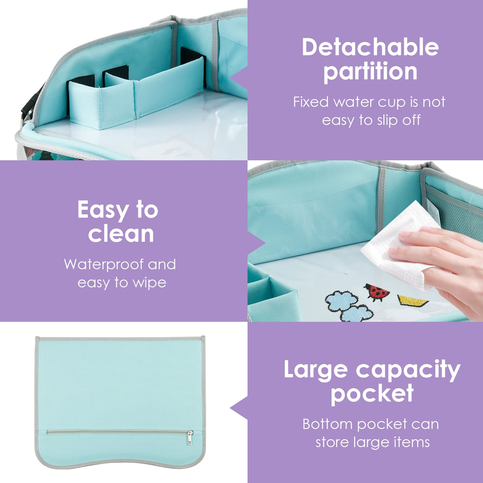 Carseat Table Tray for Kids Polyester Made Portable Drawing Board with Padded Shoulder Strap for Road Trip Activities