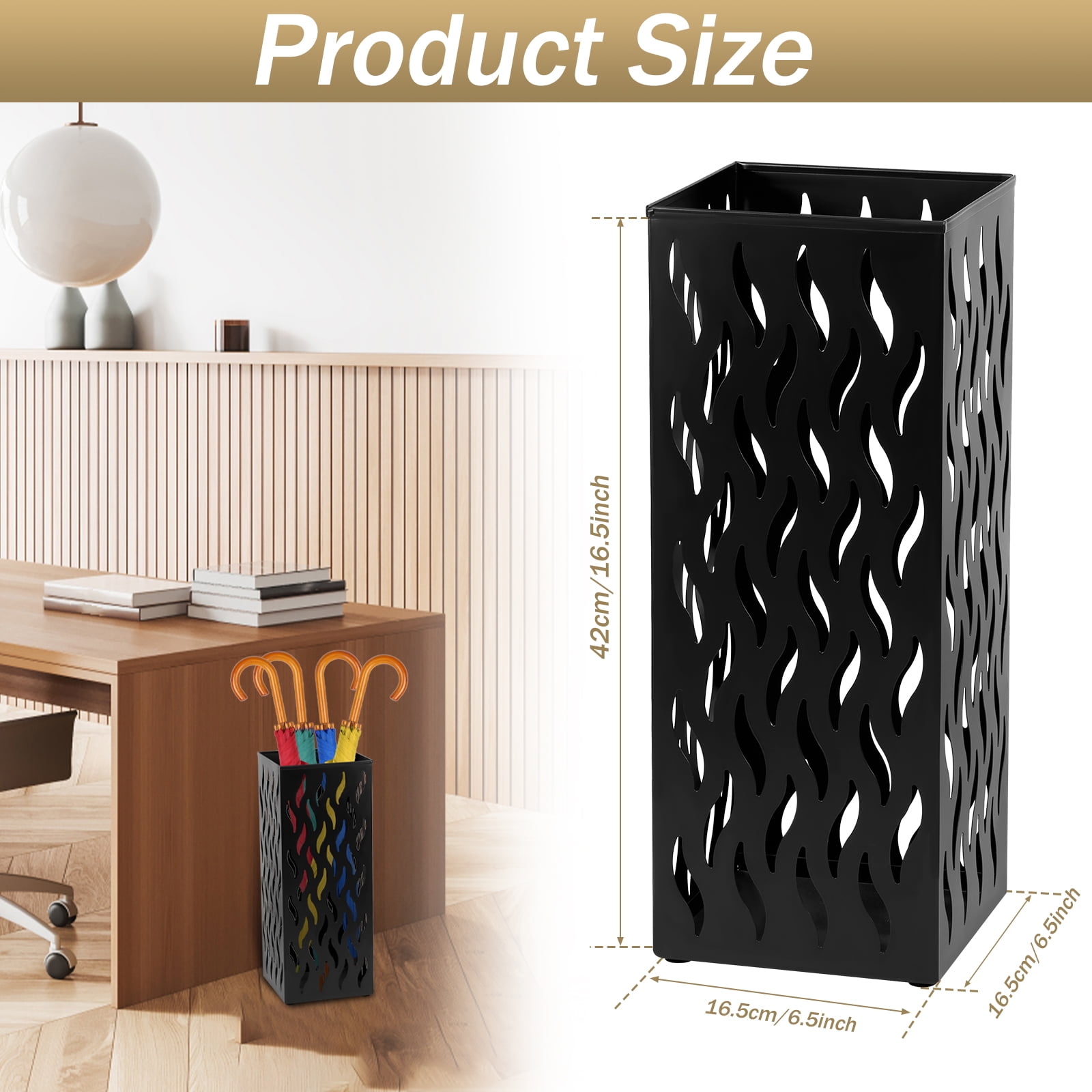 Wekvgz Metal Umbrella Indoor Holder Entryway Hollowed Square Decorative Umbrella Racks and Stands Freestanding Storage Organizer (6.5*6.5*16.5in)