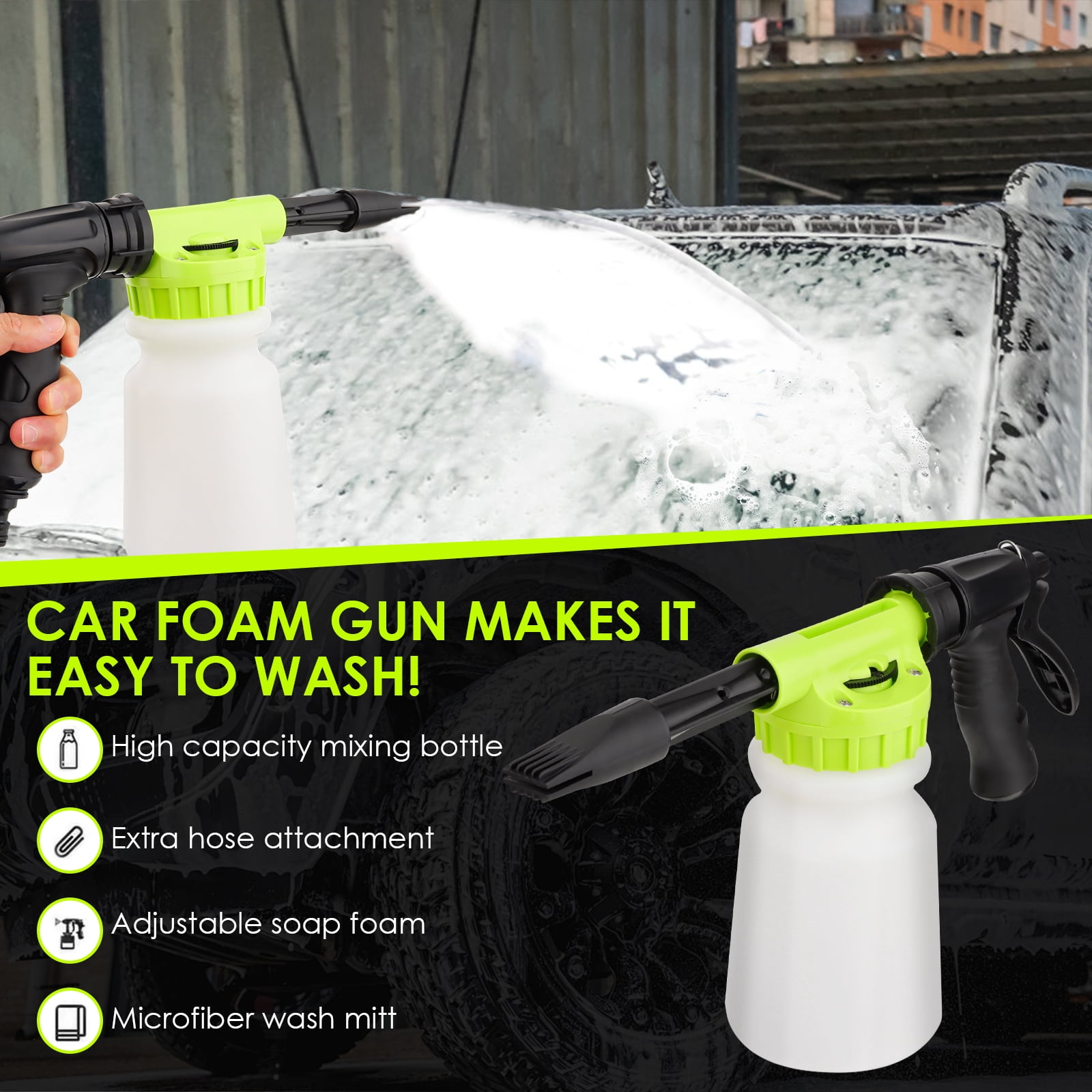 Car Wash Foam Gun, Microfiber Wash Mitt, Car Foam Sprayer, Car Wash Kit, Foam Cannon Garden Hose, Spray Foam Gun Cleaner, Car Accessories for Men, Snow Foam Blaster(Green)