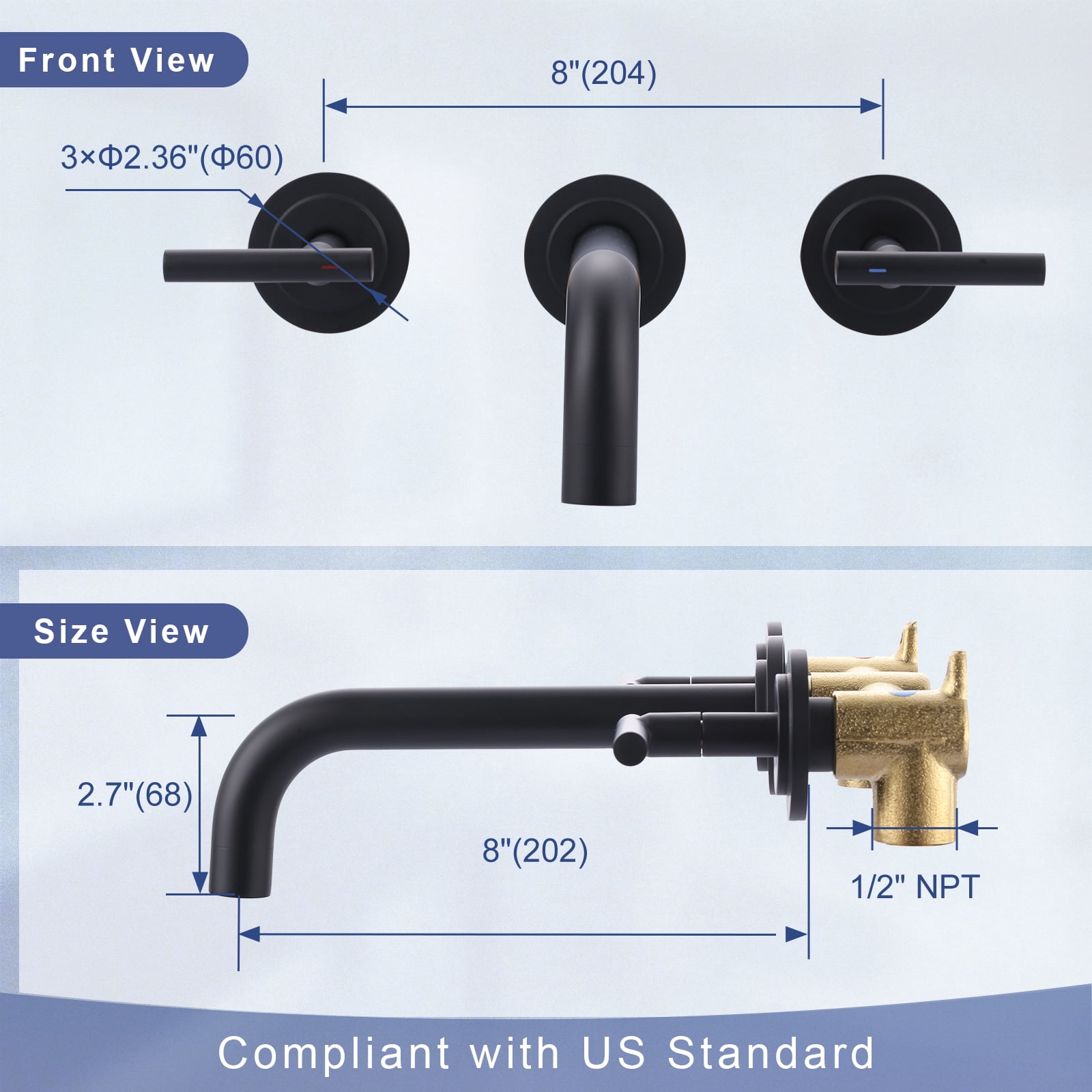 Double Handle Wall Mounted Bathroom Faucet with Rough-in Valve Included in Solid Brass Matte Black