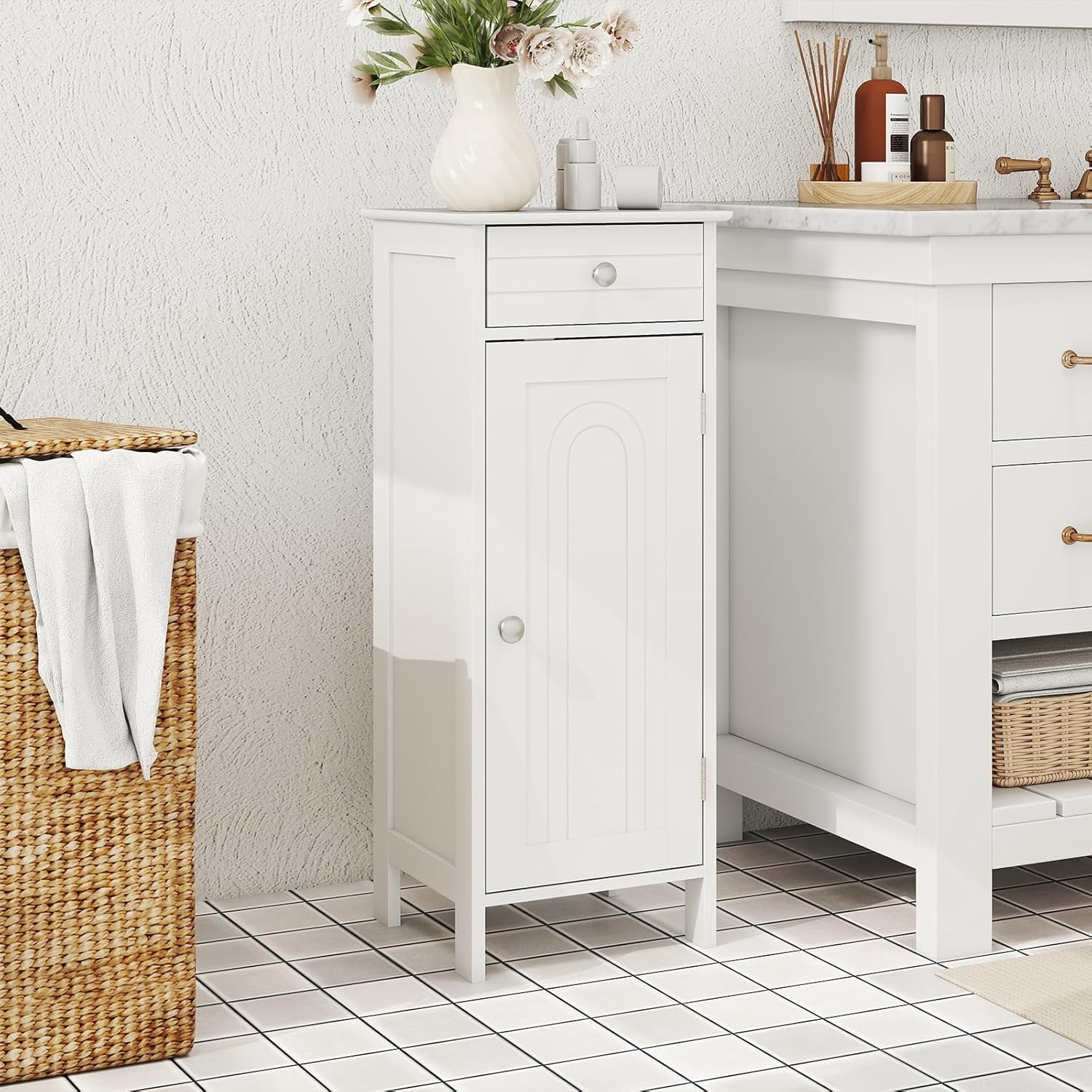 Themis Bathroom Floor Cabinet, Free-Standing Single Door Storage Cabinet with Drawer & 2 Adjustable Shelves, Wooden 14”L Narrow Side Storage Organizer for Small Spaces, Living Room, Kitchen (White)