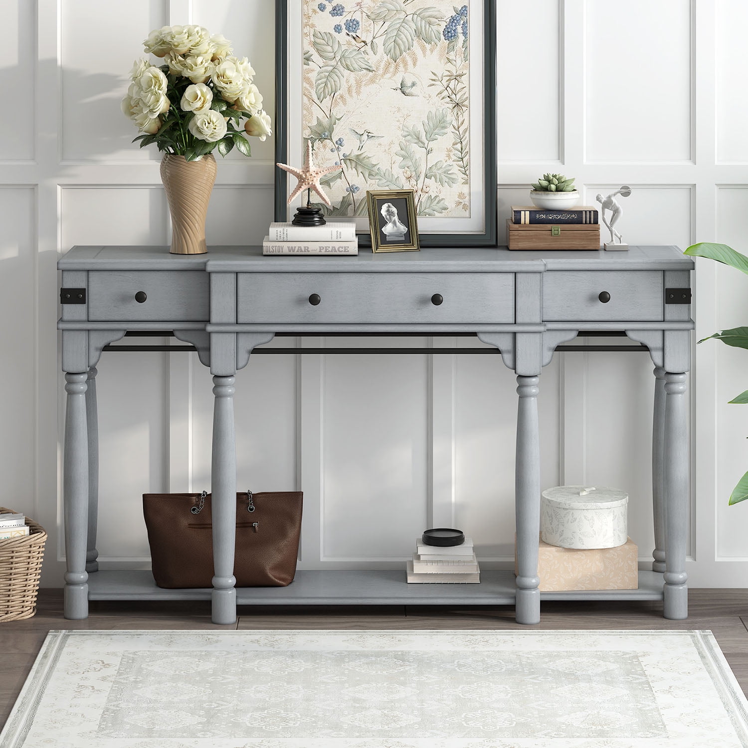 Kepooman 60" Narrow Sofa Entryway Table, Console Table with Storage Drawers and Bottom Shelf for Living Room, Antique Gray Kepooman 60" Narrow Sofa Entryway Table, Console Table with Storage Drawers and Bottom Shelf for Living Room, Antique Gray