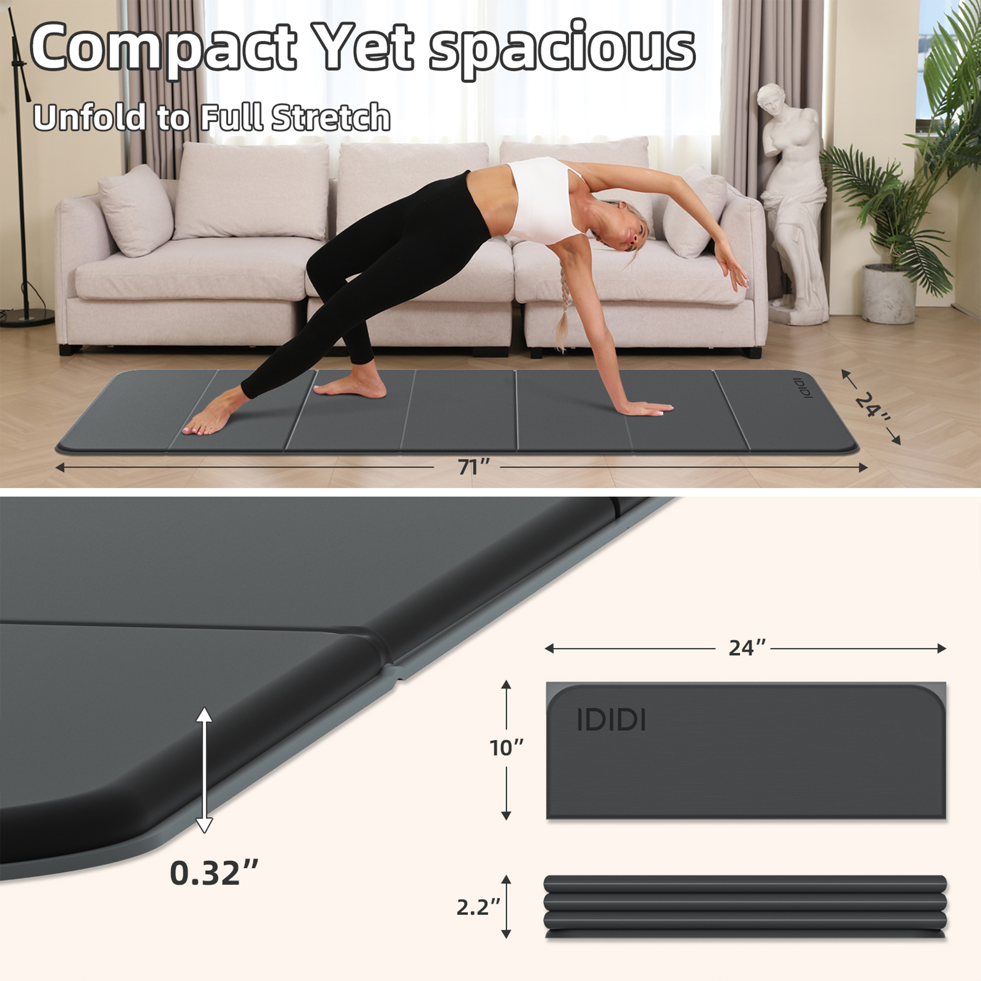 IDIDI Foldable Yoga Mat, 8mm Thick, Non Slip Exercise Mats For Home and Travel, Quick Unfold/Stor, Flat Lay No Curl Design(Grey+Black)