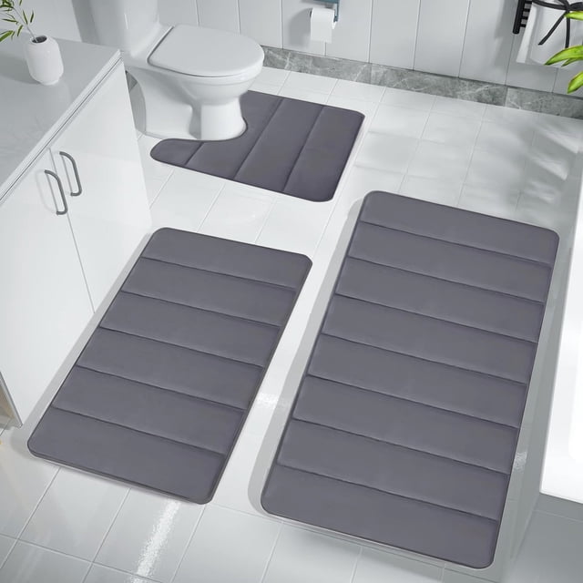 Juego de alfombras de baño de espuma viscoelástica, gruesas, absorbentes, antideslizantes y rebotantes. Juego de 3 alfombras de baño (60 x 40 cm + 41 x 38 cm + 50 x 40 cm). Disponible en gris oscuro.