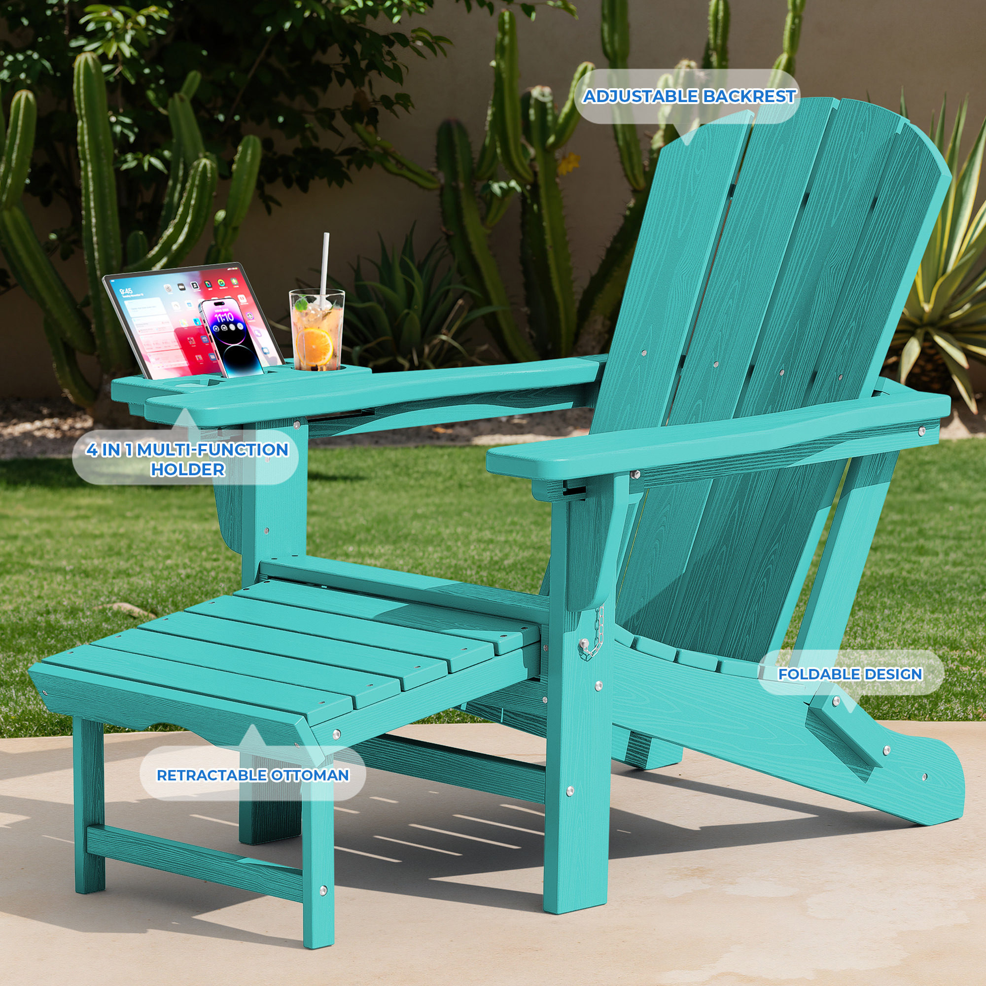 KINGYES Folding Adirondack Chair, Adjustable Backrest with Pull-Out Footrest & 4-in-1 Mobile Phone, Tablet, Cup Holder Tray, HDPE Plastic Adirondack Chair for Patio Garden Outdoors Fire Pit