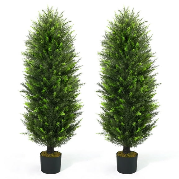 CAPHAUS 4 FT, 48 Inch Artificial Cedar Tree set of 2, Natural Faux Plants for Outside Planter, UV Resistant, Fake Boxwood Topiary w/ Dried Moss, Artificial Tree Indoor, Outdoor Patio Decor