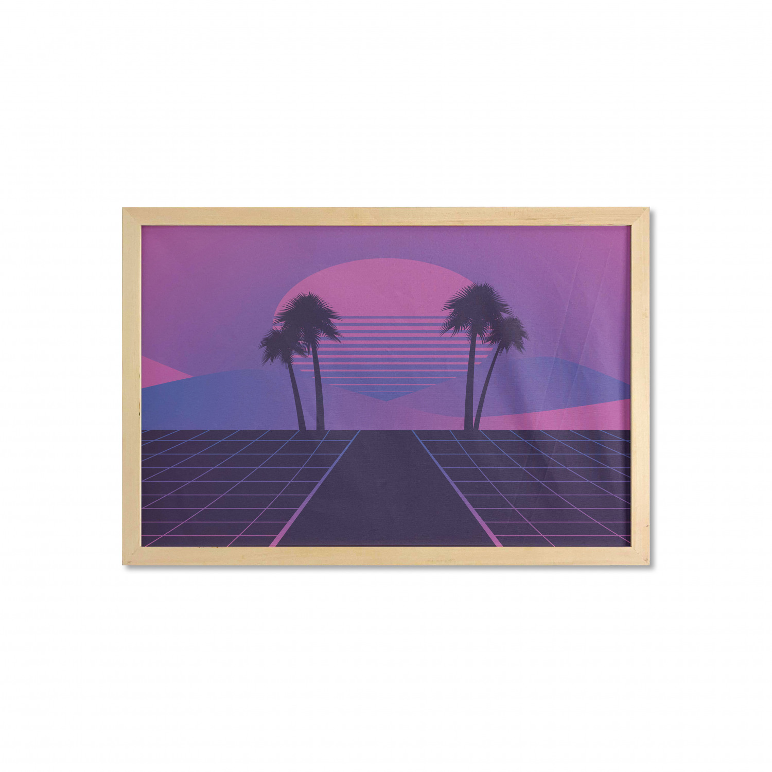 Synthwave Wall Art with Frame, Abstract 80's Dreamy Art Sunset Palm Trees  and Checks Illustration, Printed Fabric Poster for Bathroom Living Room,  35