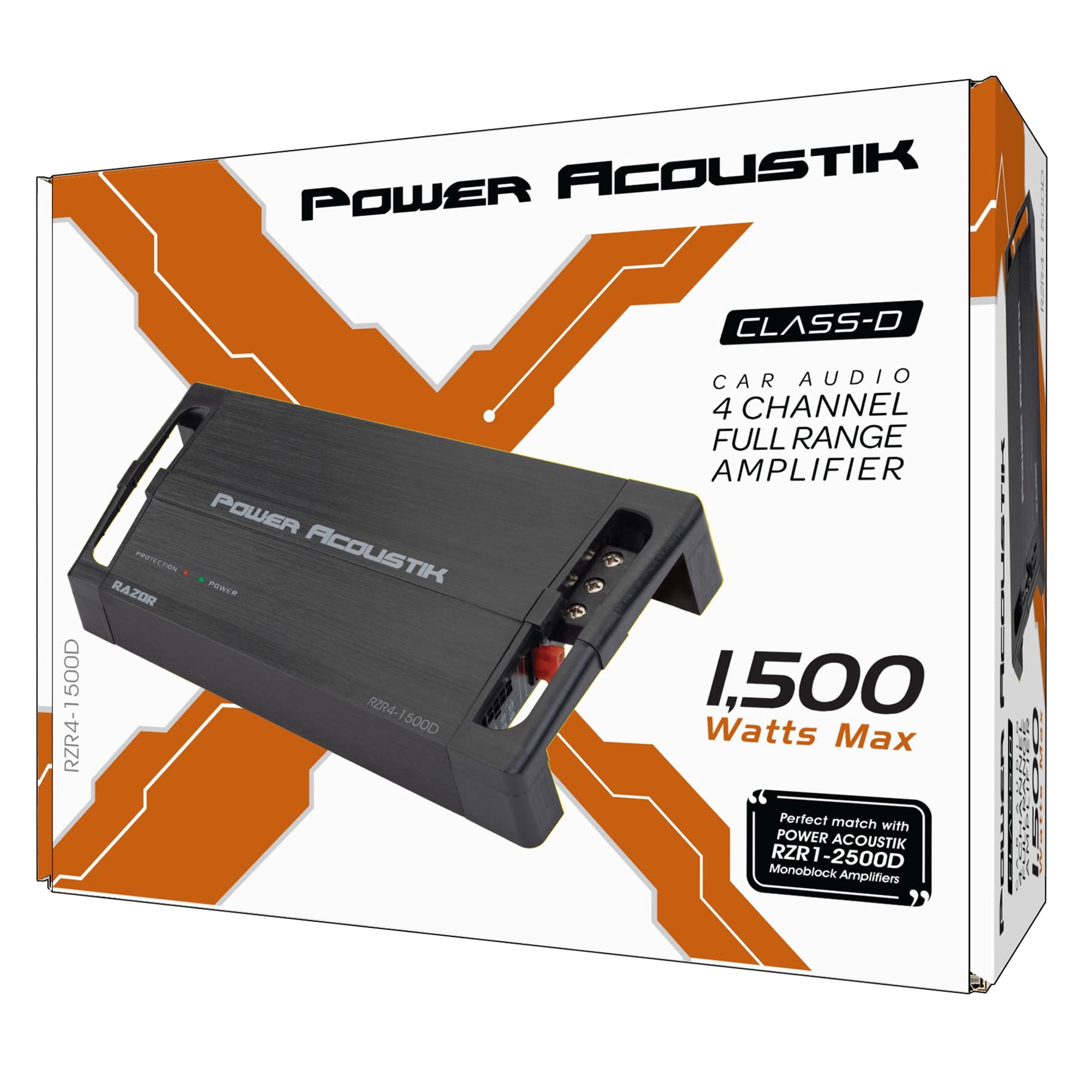 Power Acoustik RZR4-1500D 4-Channel Amplifier, Class D Full Range Amp, 1500W Max with SMT Circuitry (New)