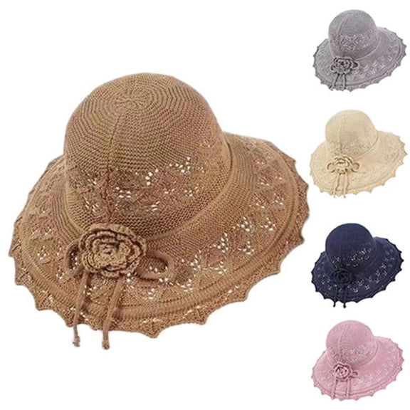 Noric Women's Wide Brim Sun Hat Floral Crochet Cutout UPF 50 UV Protection Summer Beach Hat with Flower Bow