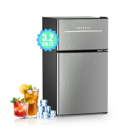 Frestec 3.2 Cu ft Two Door Mini Fridge with Freezer, Stainless Steel, E-Star