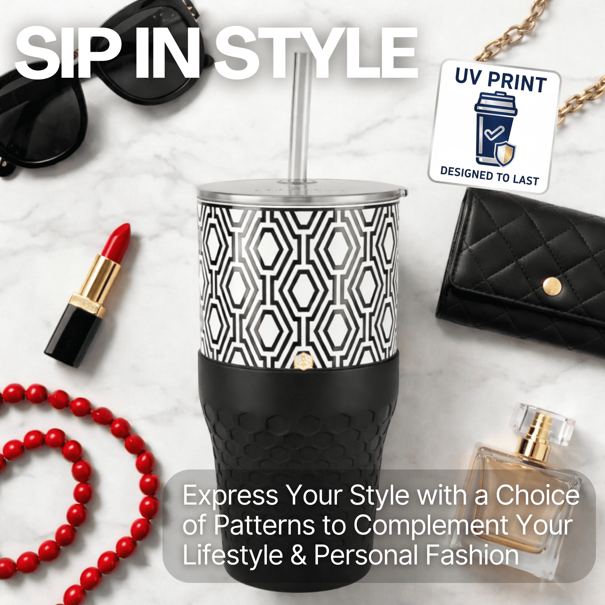 Biddlebee 30oz Insulated Stainless Steel Tumbler with Straw and Silicone Boot, Black & White Check