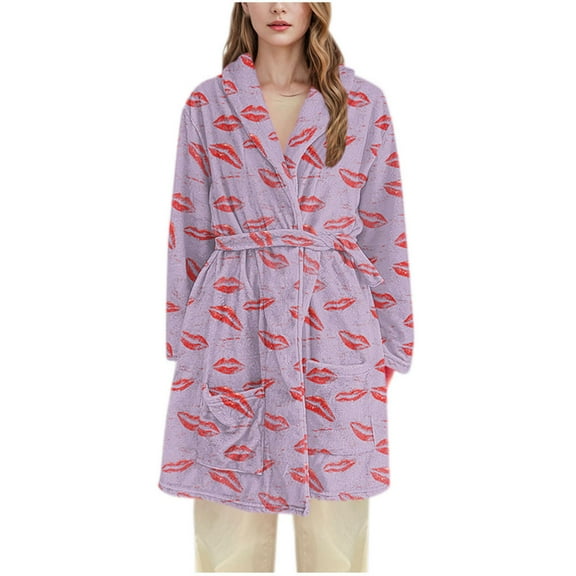 Fengactive Womens Plush Robe with Pockets Cute Print Soft Lounge Robe Bathrobe Casual Soft Feeling Sleepwear Loungewear