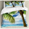 thumbnail image 1 of Lonely Palm Tree Duvet Cover Set Queen Size, Sandy Beach Isolated Philippines Hot Sunny Travel Destination, Decorative 3 Piece Bedding Set with 2 Pillow Shams, Green Coconut Blue, by Ambesonne, 1 of 3