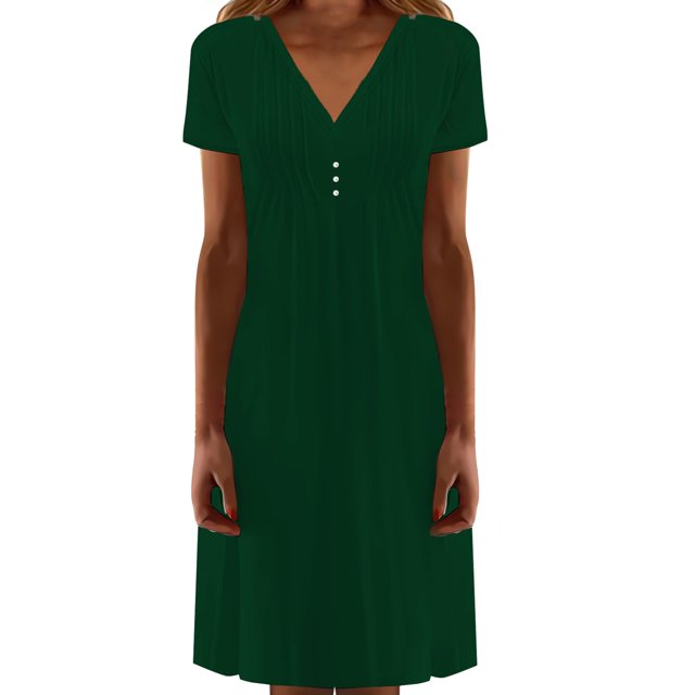 WILLBEST Robe Courte Femme Col en V Décontractée Plissée Boutonnée Couleur Unie Manches Courtes