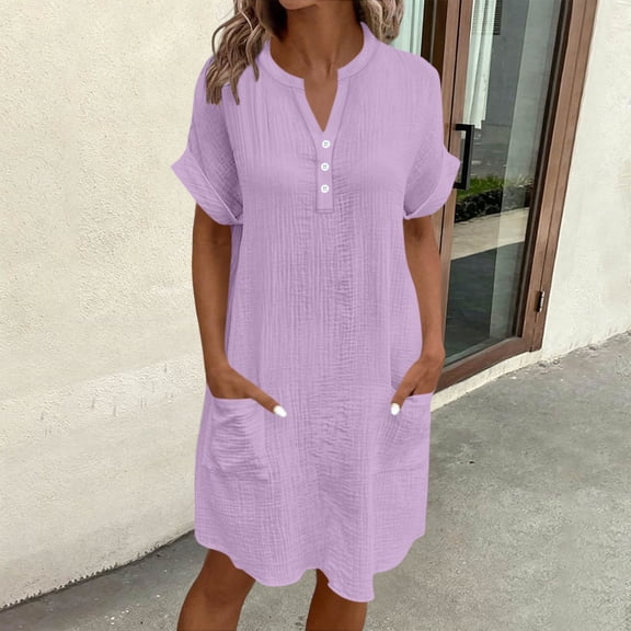 QUNYINEY Midi Womens Dresses Summer A Line Short Sleeve Sundress with Pockets Solid Loose Fit V Neck Button Dresses