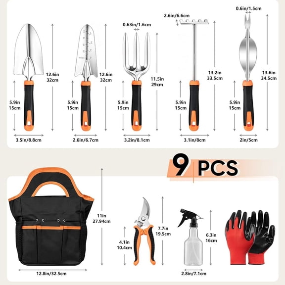 9-Piece Stainless Steel Garden Tools Set,  Outdoors Gardening Hand Utensils Kit with Storage Bag, Rust Resistant, Heavy Duty, Gift for Women/Man/Gardeners