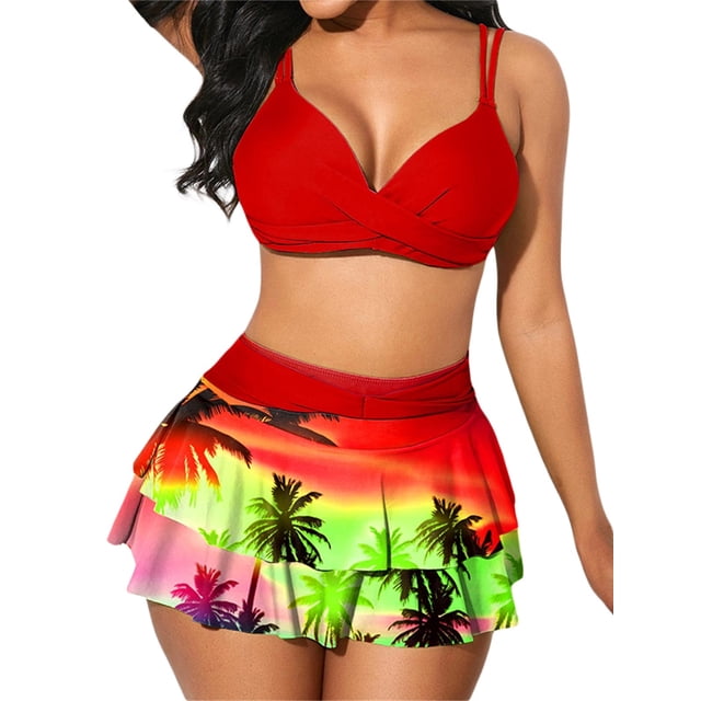 Txlixc Traje de baño de 2 piezas para mujeres, vestido de bikini de color sólido + falda de hoja de loto Txlixc moda