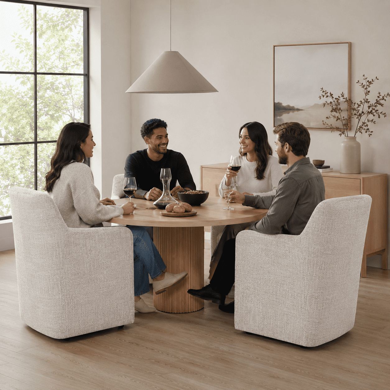 Aenkyo Upholstered Dining Arm Chair with Casters, Barrel Back Rolling Accent Chair, Ginger Brown