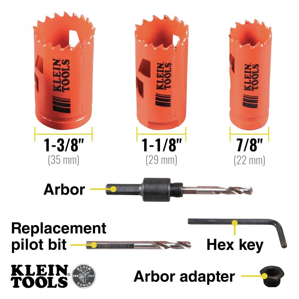 Klein Tools 3-Piece Hole Saw Kit W/ Arbor