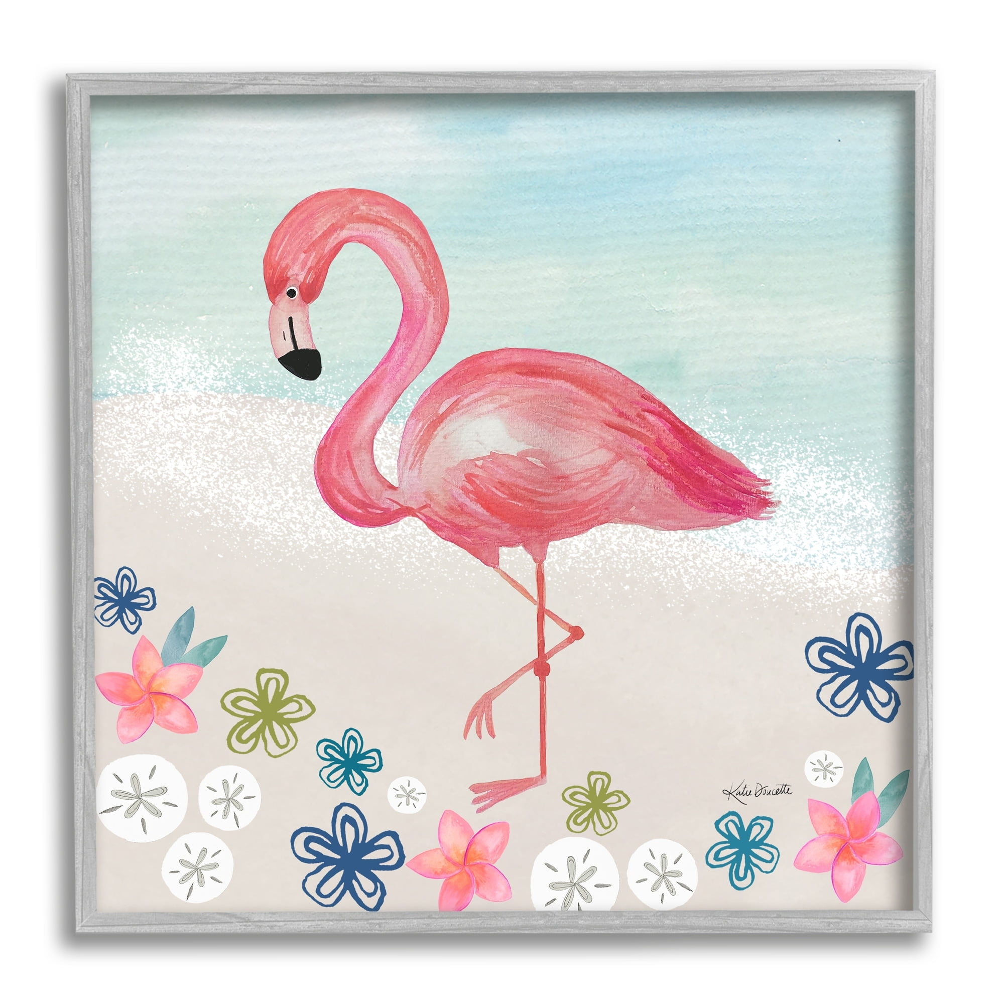 Stupell Industries Flamingo Among Sand Dollars Flowers Beach Shore Framed Wall Art, 24 x 24, Design by Katie Doucette