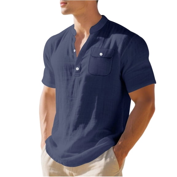 ZCFZJW Men's Cotton Linen Henley Shirt Short Sleeve Hippie Casual Beach T-Shirts with Pocket Loose Regular Fit Holiday Vacation Tees Tops Navy S