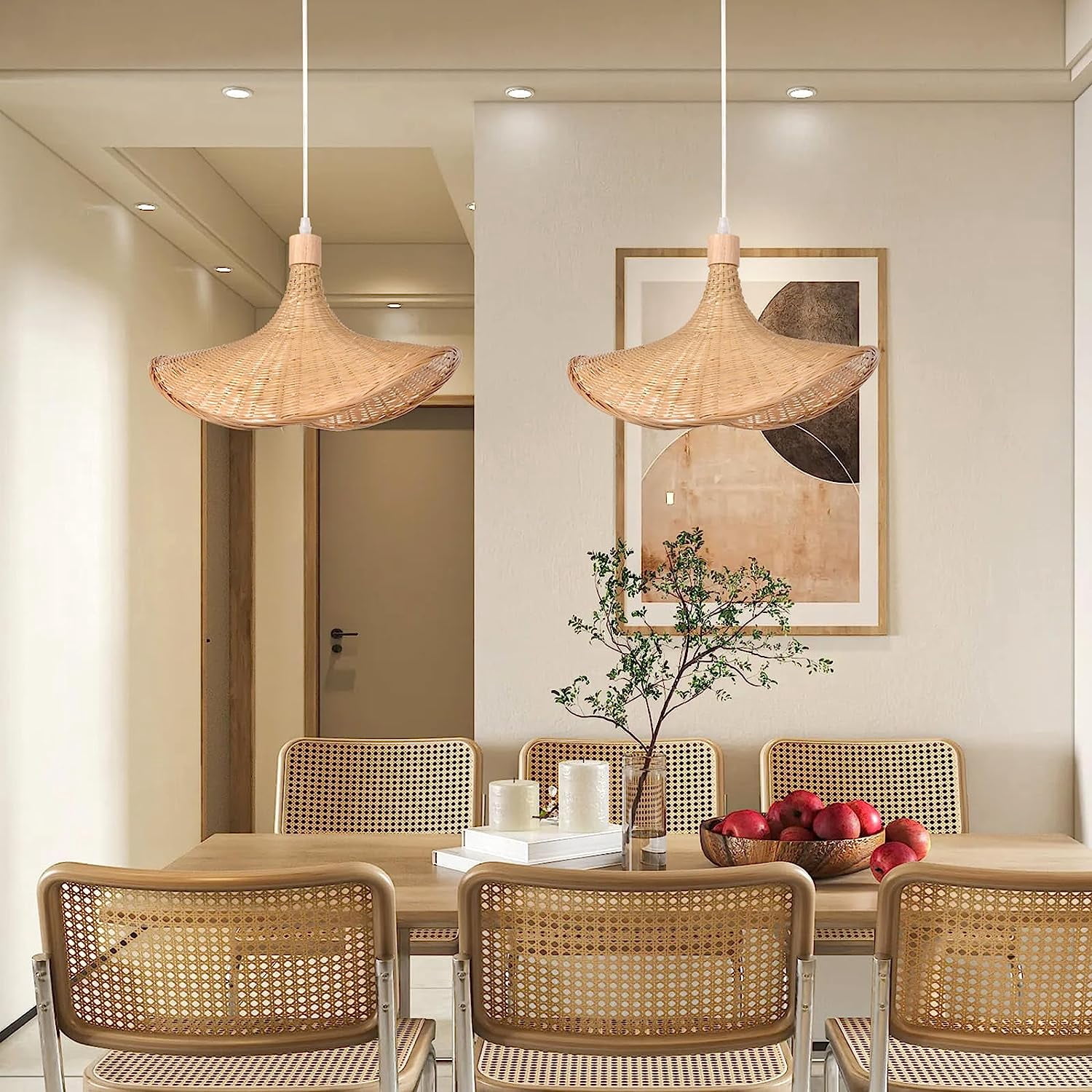 Arturesthome Bamboo Basket Chandelier Wicker Pendant Lighting Fixture, Vintage Hand-Woven Straw Hat Lampshade Hanging Ceiling Light for Restaurant