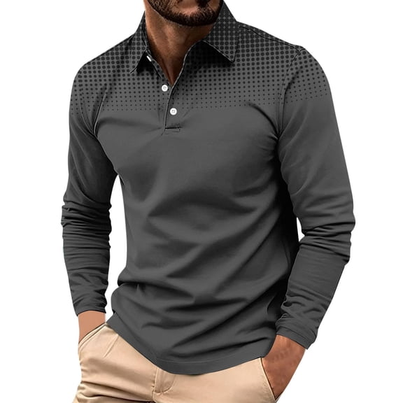 Zylanna Men's Long Sleeve Polo Shirts, Turndown Collar Spring Fall Gradient Color Slim Fit Casual Pullover Tops for Man Black