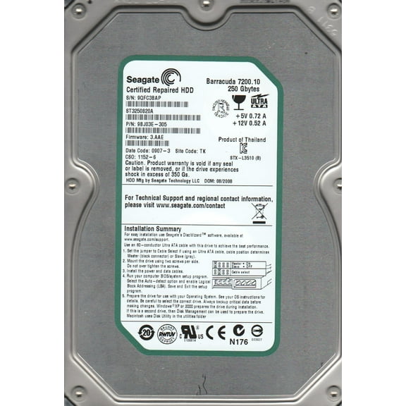 ST3250820A, 9QF, TK, PN 9BJ03E-305, FW 3.AAE, Seagate 250GB IDE 3.5 Hard Drive