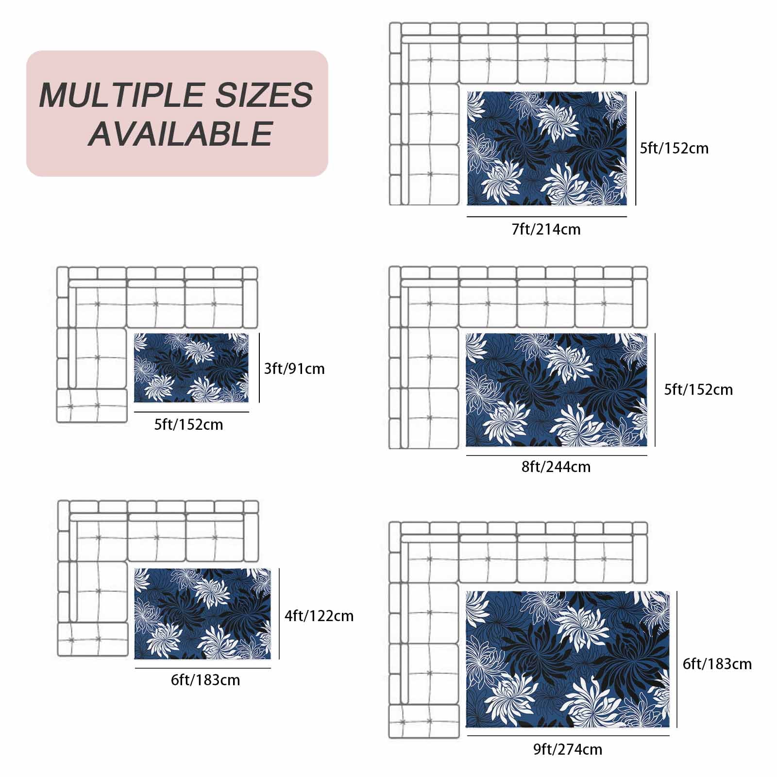 Blue Black Flowers Outdoor Rug for Patio/Deck/Porch, Non-Slip Large Area Rug 5 x 7 Ft, Modern Abstract Blooms Floral Indoor Outdoor Rugs Washable Area Rugs, Reversible Camping Rug Carpet Runner