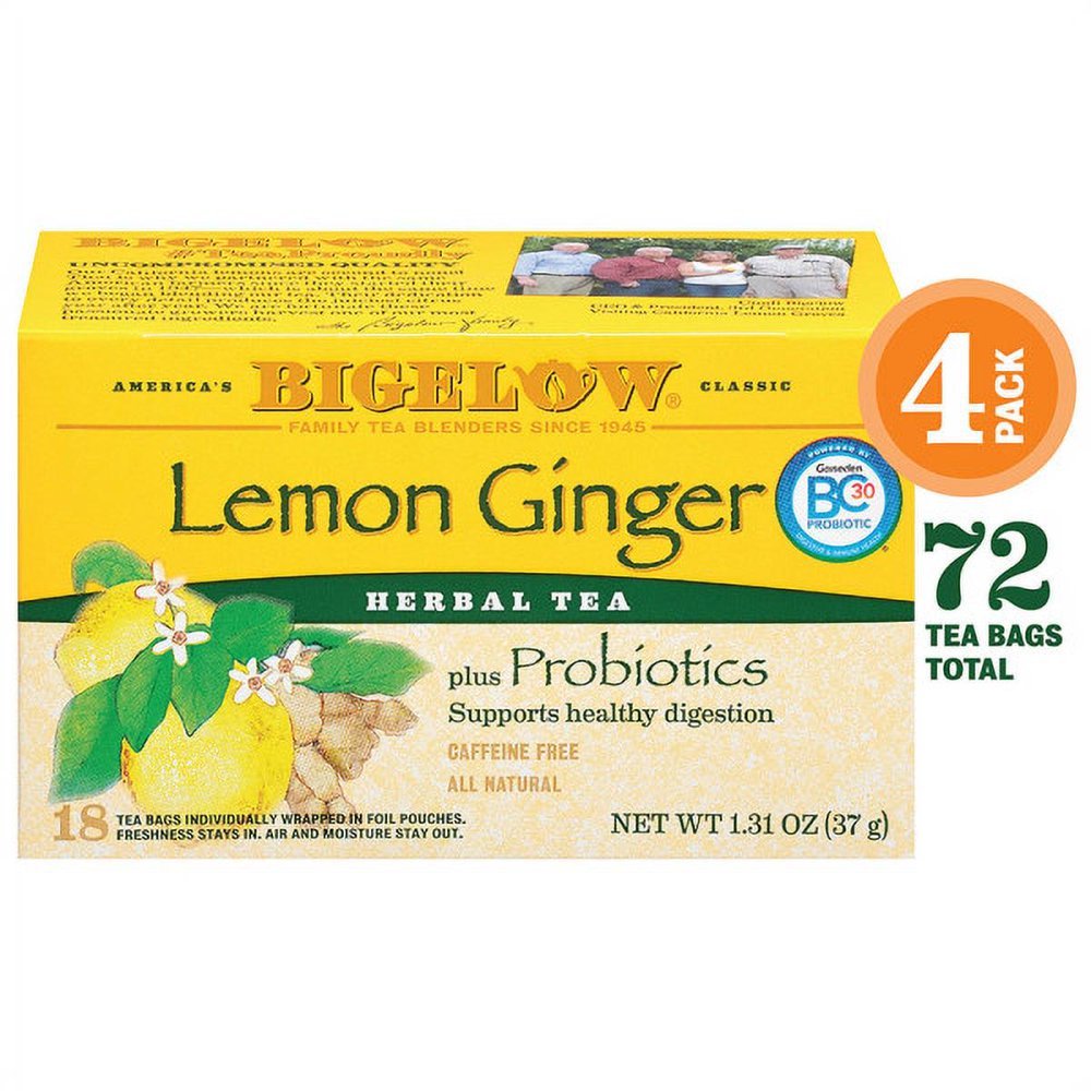 Bigelow Lemon Ginger Probiotics Herbal Tea, Tea Bags, 18 Ct (4 Boxes